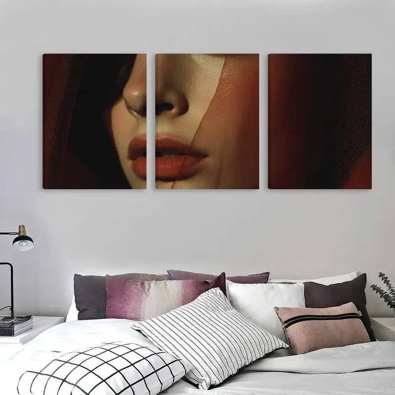 3pcs Woman Portrait with Dark Hair & Red Lips  Wall Art Set Canvas Framed 60x90cm - High Quality Print 100% Australian Made Wall Canvas Ready to Hang