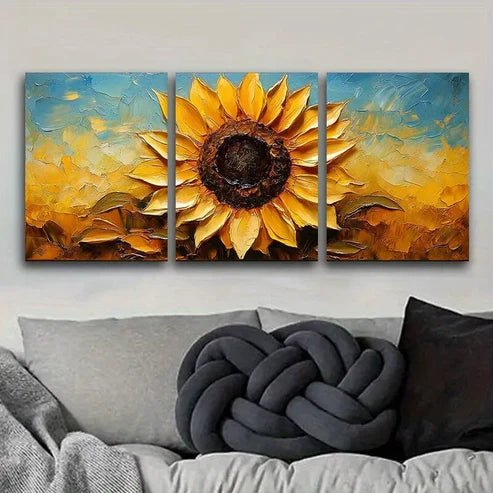 3 PCS Sunflower Canvas In Yellow Background Wall Art Set Canvas Unframed - High Quality Print 100% Australian Made Wall Canvas - Bella Home Decor