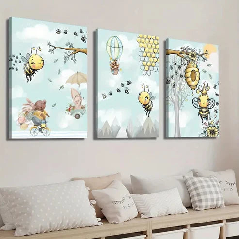 3pcs Rabbit Owl & Beehive Painting Wall Art Set Canvas Unframed - High Quality Print 100% Australian Made Wall Canvas