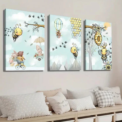 3pcs Rabbit Owl & Beehive Painting Wall Art Set Canvas Unframed - High Quality Print 100% Australian Made Wall Canvas