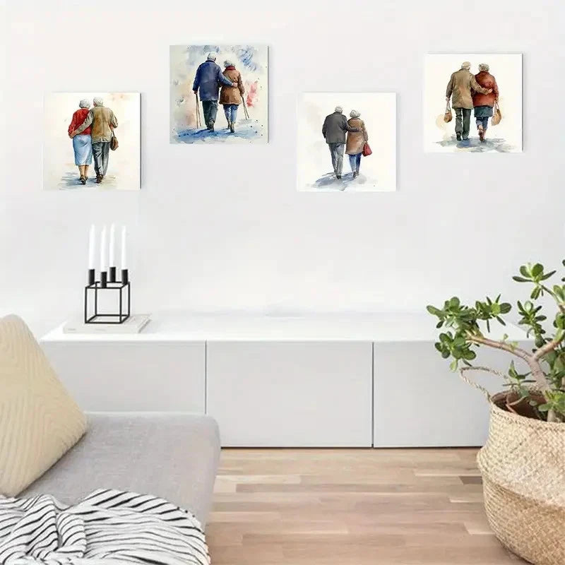 4pcs Elderly Couple Walking Hand In Hand Theme Wall Art Canvas Framed