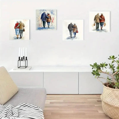 4pcs Elderly Couple Walking Hand In Hand Theme Wall Art Canvas Framed