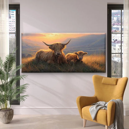 Highland Cow Scottish Pastoral Wall Art Canvas Office Home Room Framed 120x60cm - Bella Home Decor