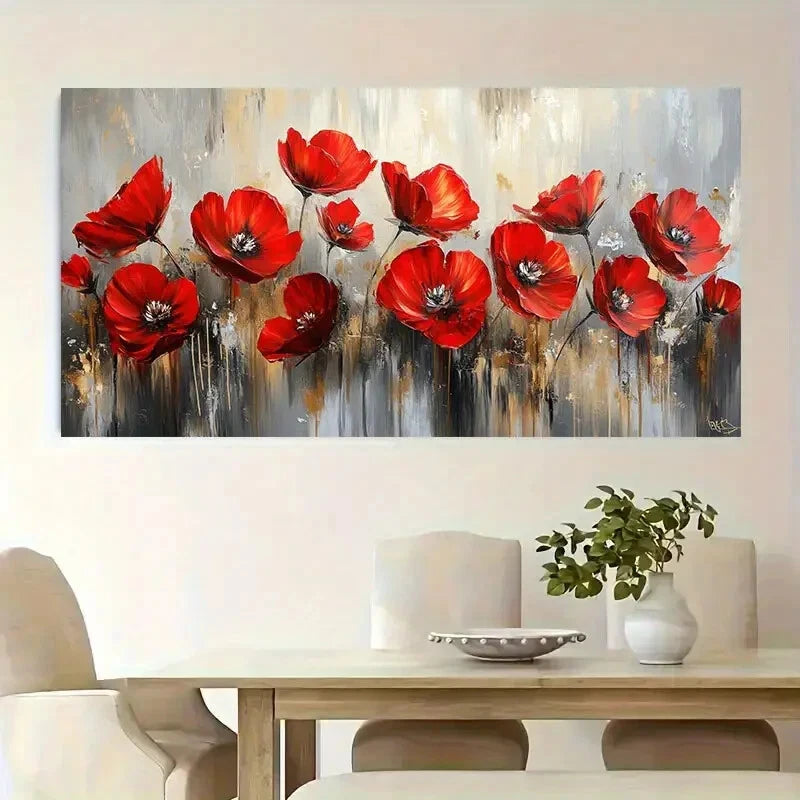 Golden Vibrant Red Poppy Wall Art wall canvas office home room framed 120x60cm - Bella Home Decor