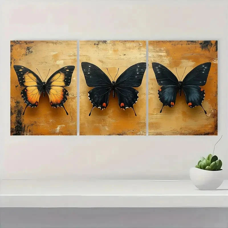 3pcs GoldenYellow Background  Black ButterflyN   Wall Art Set Canvas Framed 50x70cm - High Quality Print 100% Australian Made Wall Canvas Ready to Hang - Bella Home Decor