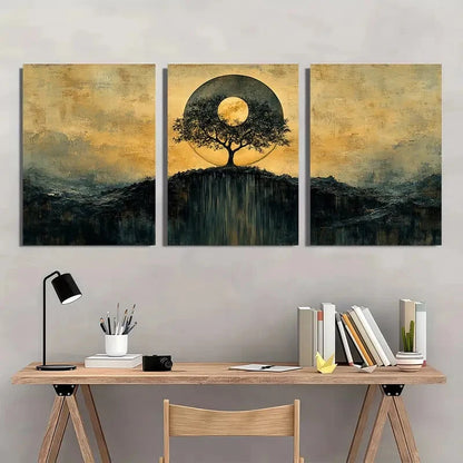 3pcs Modern Abstract Tree Wheel Dark Beige Metal Print Ready to Hang Art - Bella Home Decor