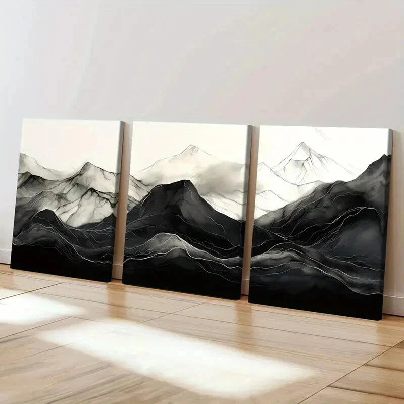 3pcs Zen Aesthetic Black & White Mountain Wall Art Set Canvas Framed 40x60cm - High Quality Print 100% Australian Made Wall Canvas Ready to Hang - Bella Home Decor
