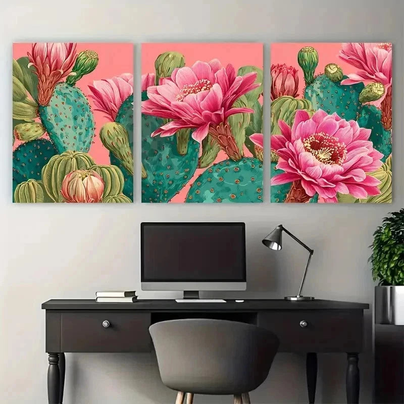 3pcs Bohol Cactus & Pink Flower Perfect Wall Art Set Canvas Framed 50x70cm - High Quality Print 100% Australian Made Wall Canvas Ready to Hang - Bella Home Decor