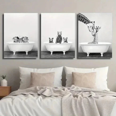 3pcs Pigs Bears and Giraffes in Bathtubs Wall Art Set Canvas Unframed - High Quality Print 100% Australian Made Wall Canvas