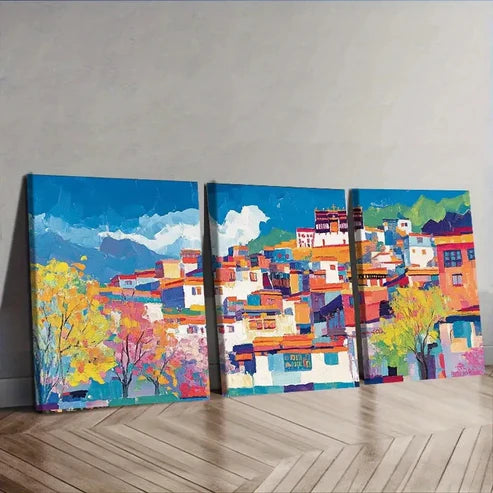 3pcs Buildings Along the Lhasa River Perfect Wall Art Set Canvas Unframed - High Quality Print 100% Australian Made Wall Canvas