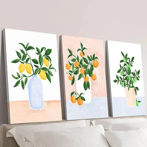 3pcs Plant Arrangement with Lemons & Oranges Wall Art Canvas Unframed - High Quality Print 100% Australian Made Wall Canvas