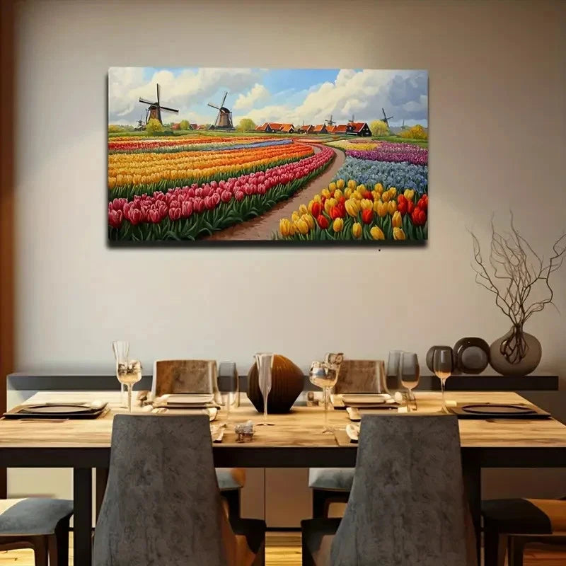 Dutch Tulip Garden Windmills Wall Art Canvas Office Home Room Framed 120x60cm