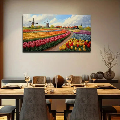 Dutch Tulip Garden Windmills Wall Art Canvas Office Home Room Framed 120x60cm