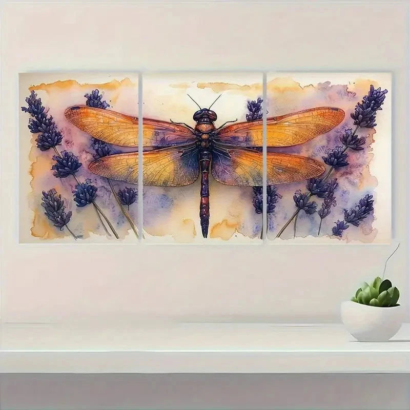 3pcs   Dragonfly & Lavender Watercolor  ry Wall Art Set Canvas Framed 60x90cm - High Quality Print 100% Australian Made Wall Canvas Ready to Hang - Bella Home Decor