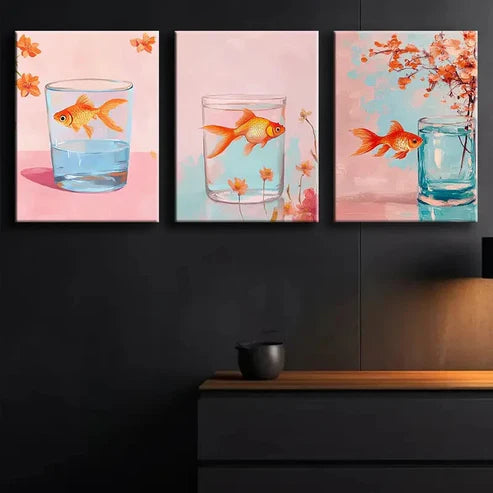 3pcs Colorful Goldfish in Glass Tank Perfect Wall Art Set Canvas Unframed - High Quality Print 100% Australian Made Wall Canvas - Bella Home Decor