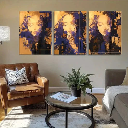 3pcs Human Face in Bold Orange & Blue Wall Art Canvas Unframed - High Quality Print 100% Australian Made Wall Canvas