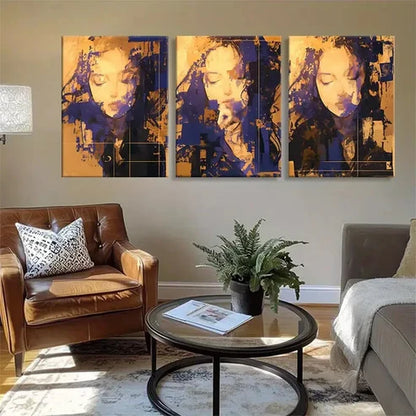 3pcs Human Face in Bold Orange & Blue Wall Art Canvas Unframed - High Quality Print 100% Australian Made Wall Canvas