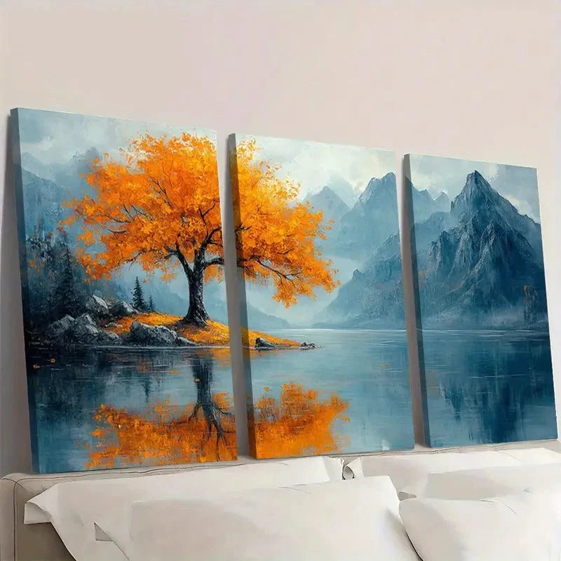 3pcs Golden Leaves Mountain Lake Reflection Wall Art Set Canvas Framed 40x60cm - High Quality Print 100% Australian Made Wall Canvas Ready to Hang - Bella Home Decor