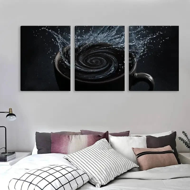 3pcs A Black Coffee cup with Water Splashing  Wall Art Set Canvas Framed 60x90cm - High Quality Print 100% Australian Made Wall Canvas Ready to Hang - Bella Home Decor