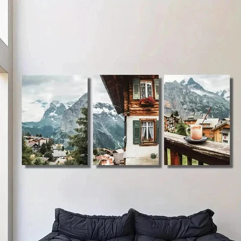 3pcs Café Terrace with View of Swiss Jungfrau Wall Art Canvas Unframed - High Quality Print 100% Australian Made Wall Canvas - Bella Home Decor