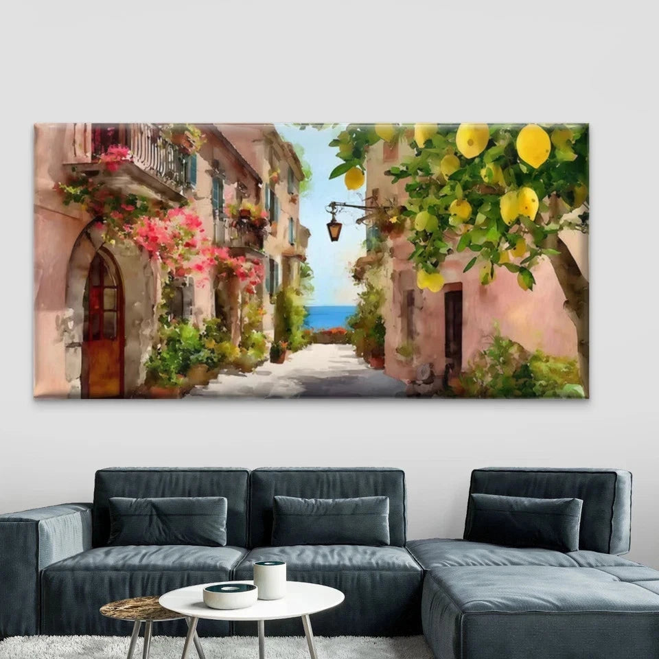 Lemon Tree Mediterranean Street Wall Art Canvas Office Home Room Framed 120x60cm