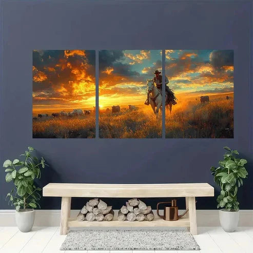 3pcs Vibrant Sunset Prairie Scene with a Cowboy Wall Art Set Canvas Unframed - High Quality Print 100% Australian Made Wall Canvas