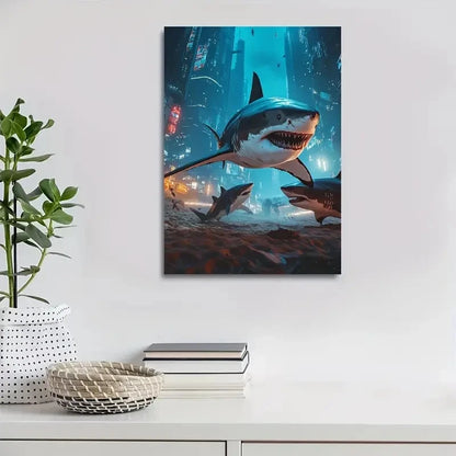Beautiful Cyberpunk Shark Scene Lighting Painting 40x60cm Metal Print Ready to Hang