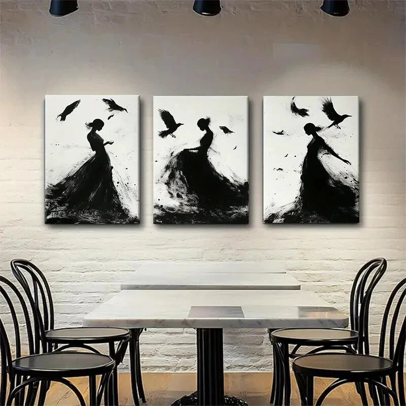3pcs Elegant Black and White Abstract Dance Metal Print Ready to Hang Art - Bella Home Decor