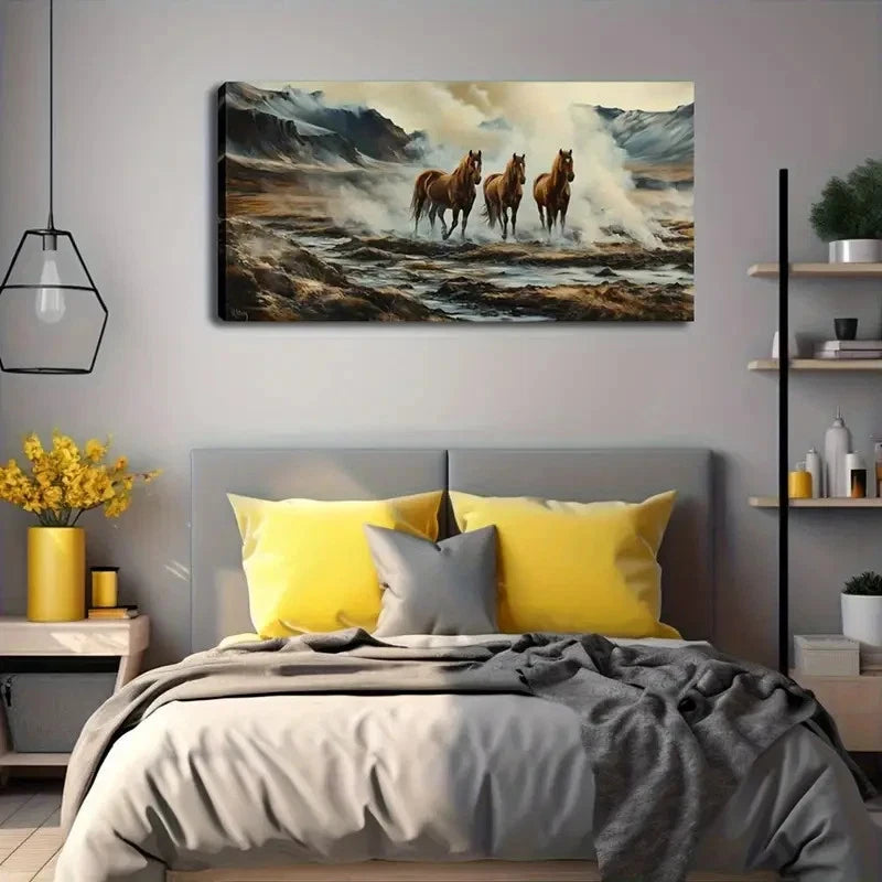 Realistic Horses In Mountain Wall Art canvas office home room framed 120x60cm - Bella Home Decor