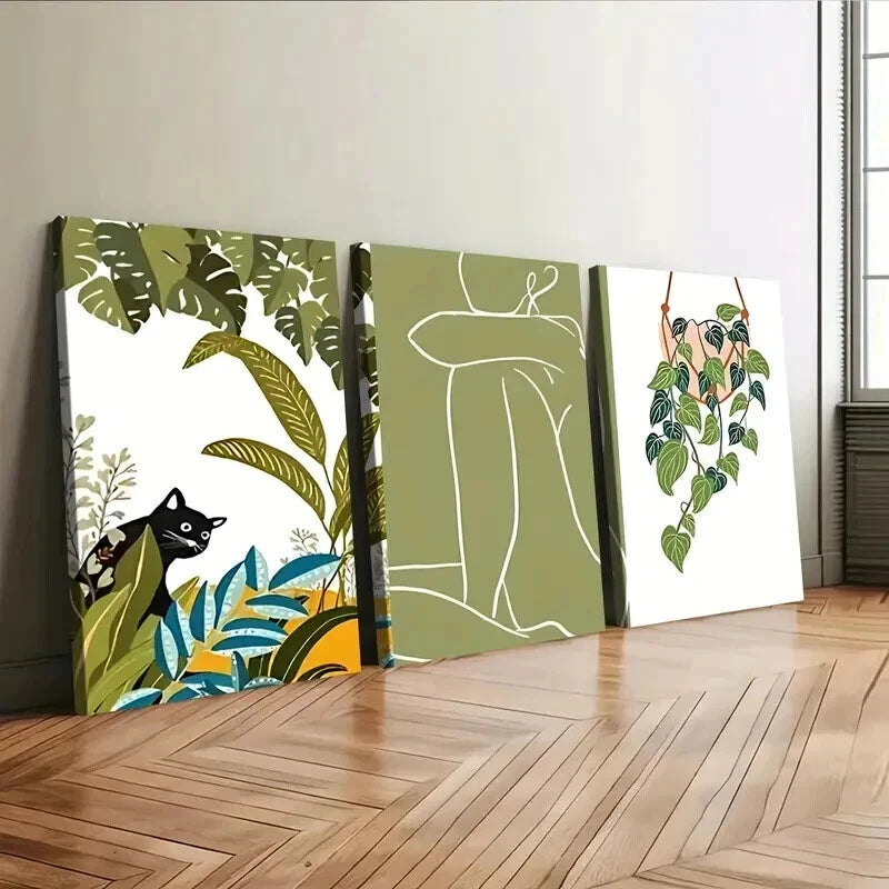 3pcs Abstract Classic Modern Botanical Black Cat Wall Art Set Canvas Framed 50x70cm - High Quality Print 100% Australian Made Wall Canvas Ready to Hang