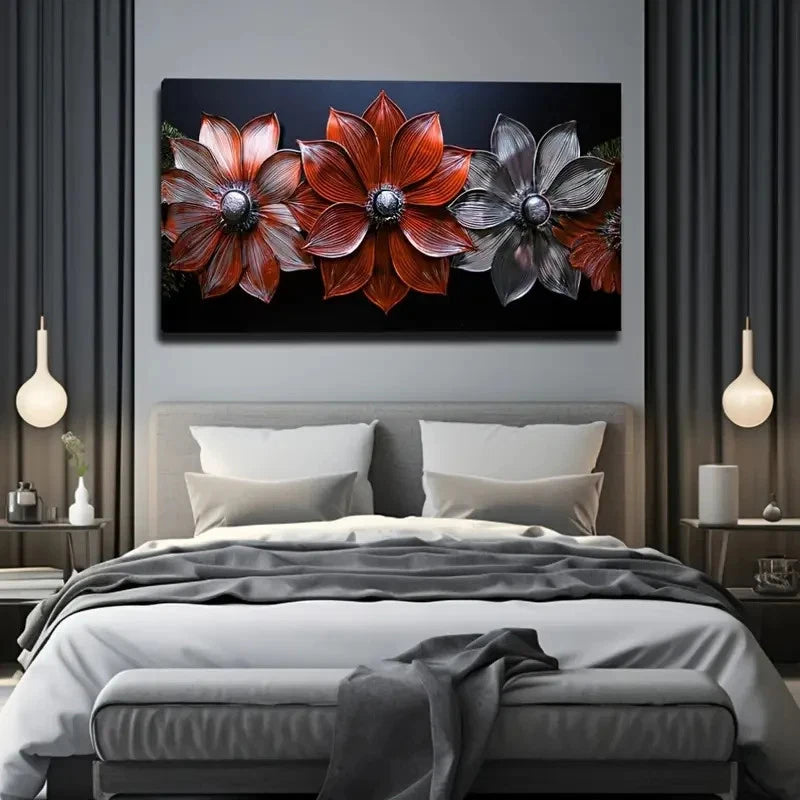Vibrant Red Flowers Black Wall Art Canvas Office Home Room Framed 120x60cm