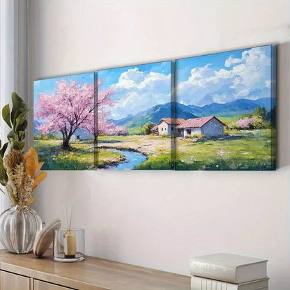 3pcs Cherry Blossom Scene With Cottage Wall Art Set Canvas Framed 50x70cm - High Quality Print 100% Australian Made Wall Canvas Ready to Hang