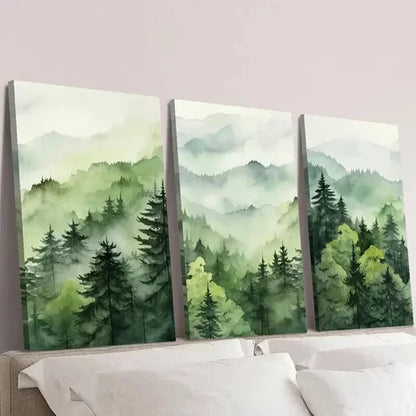 3pcs Misty Green Forest Natural Landscape Wall Art Set Canvas Unframed - High Quality Print 100% Australian Made Wall Canvas