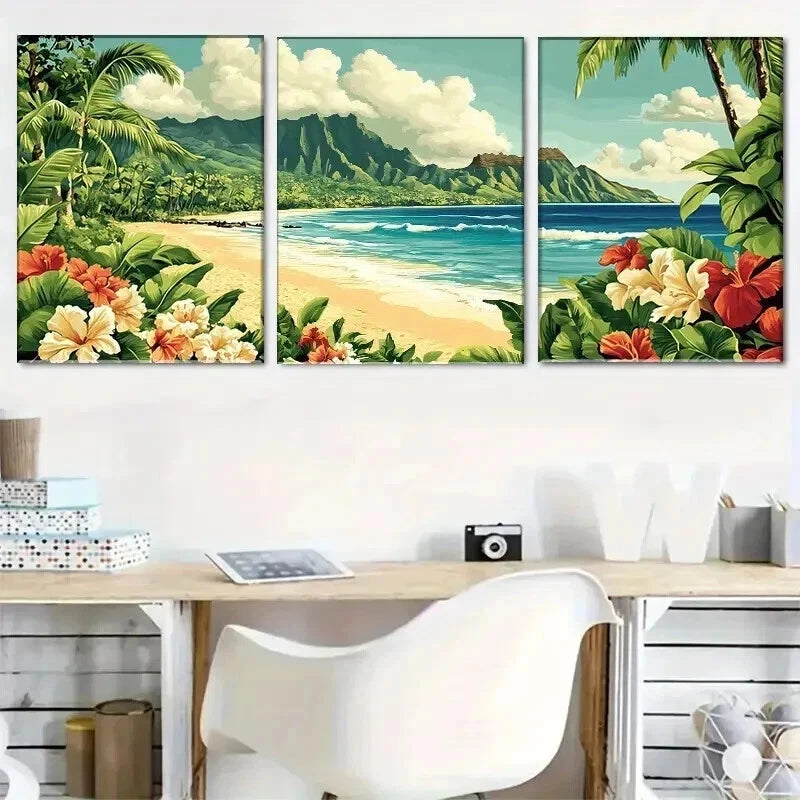 3pcs Hibiscus Flowers & Ocean View Perfect Wall Art Set Canvas Framed 50x70cm - High Quality Print 100% Australian Made Wall Canvas Ready to Hang - Bella Home Decor