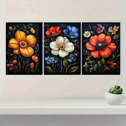3pcs Art Set Dark Wildflower Floral IO Wall Art Set Canvas Unframed - High Quality Print 100% Australian Made Wall Canvas