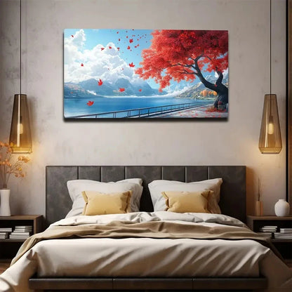 Vibrant Red Foliage & Serene Wall Art canvas office home room framed 120x60cm
