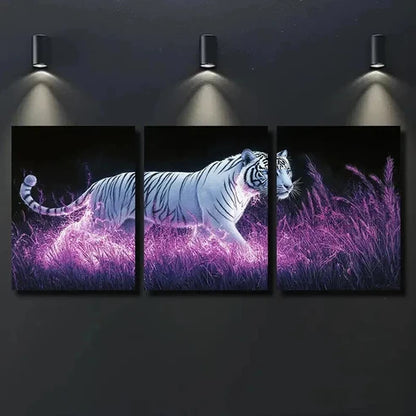 3pcs White Tiger on Neon Grass Decor Wall Art Canvas Unframed – High Quality Print 100% Australian Made Wall Canvas