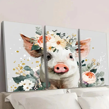 3pcs Cute Pig Mom Floral Design Wall Art Set Canvas Framed 40x60cm - High Quality Print 100% Australian Made Wall Canvas Ready to Hang - Bella Home Decor