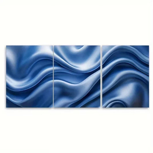 3pcs Elegant Blue Satin Abstract Wall Art Set Canvas Framed 50x70cm - High Quality Print 100% Australian Made Wall Canvas Ready to Hang