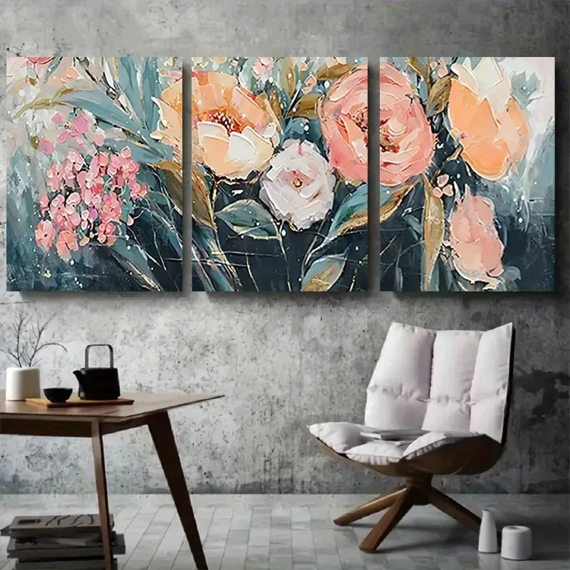 3pcs Vibrant Pink Orange & Green Botanical Flower Metal Print Ready to Hang Art
