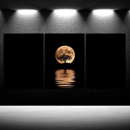 3pcs Reflection of Trees Golden Moon Metal Print Ready to Hang Art - Bella Home Decor