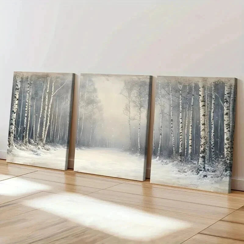 3pcs Misty Birch Trees with Snowy Path Wall Art Set Canvas Framed 50x70cm - High Quality Print 100% Australian Made Wall Canvas Ready to Hang - Bella Home Decor