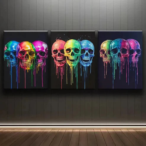 3pcs Set of Colorful Skeleton Dark Fear Perfect Wall Art Set Canvas Unframed - High Quality Print 100% Australian Made Wall Canvas