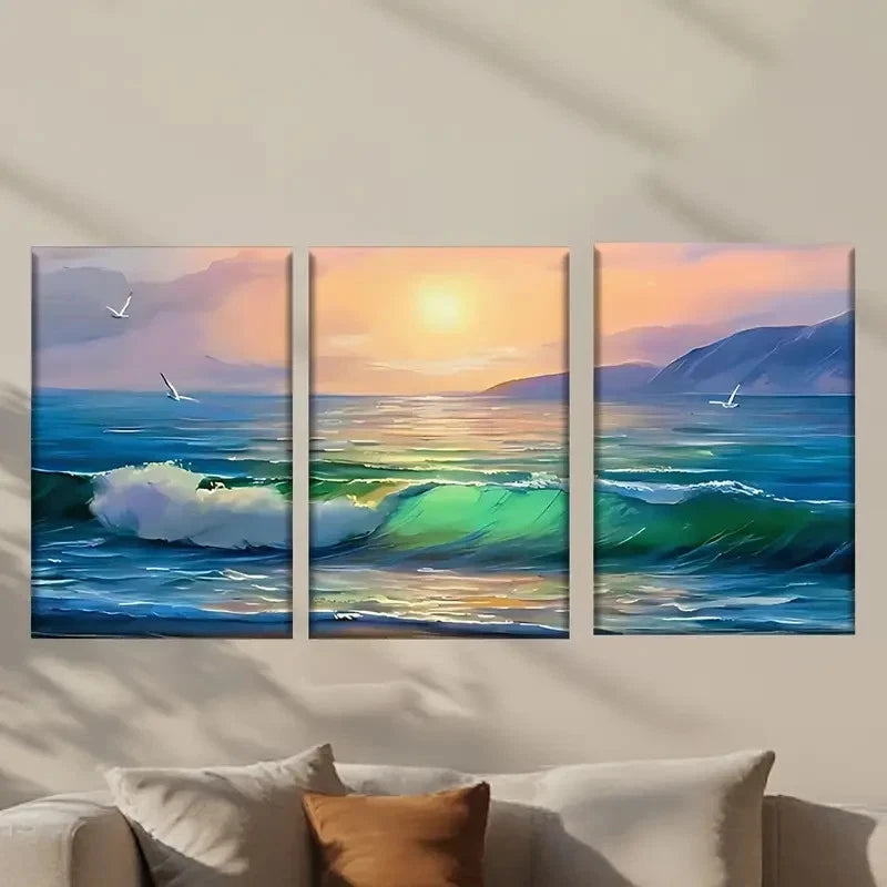 3pcs Vibrant Ocean Wave & Sunset Wall Art Set Canvas Framed 60x90cm - High Quality Print 100% Australian Made Wall Canvas Ready to Hang