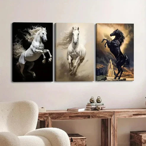 3pcs Horse Paintings Running Horse Black & Gold Wall Art Set Canvas Unframed - High Quality Print 100% Australian Made Wall Canvas