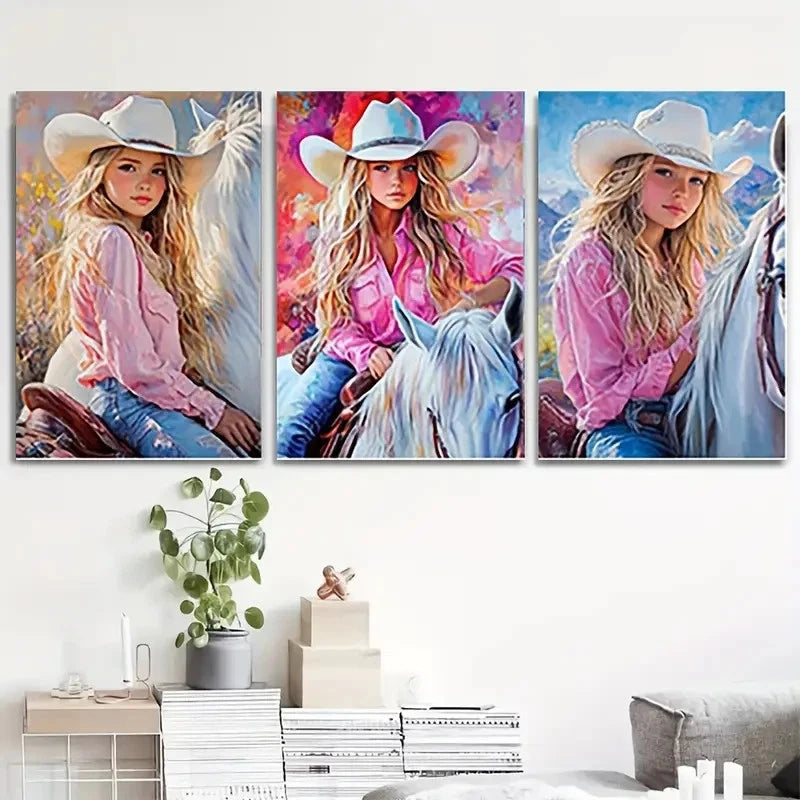 3pcs Western-Themed Cowgirl & Horse  Wall Art Set Canvas Framed 50x70cm - High Quality Print 100% Australian Made Wall Canvas Ready to Hang