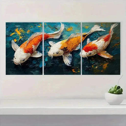 3pcs Golden & White Fish in Blue Background S Wall Art Set Canvas Unframed - High Quality Print 100% Australian Made Wall Canvas