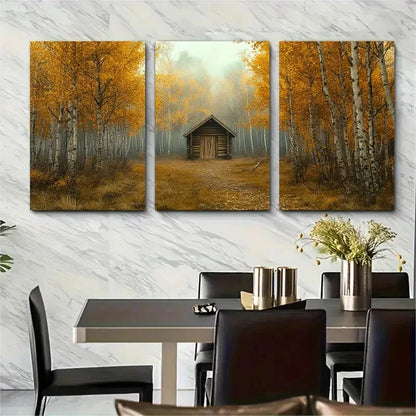 3pcs Minimalist Autumn Forest Scene with Golden Metal Print Ready to Hang Art