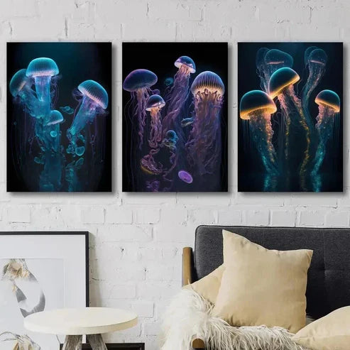 3pcs Glowing Jellyfish Marine Life Wall Art Set Canvas Wall Art Canvas Unframed - High Quality Print 100% Australian Made Wall Canvas - Bella Home Decor
