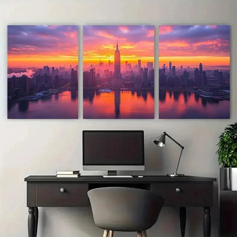 3pcs New York City Skyline Sunset Perfect Wall Art Set Canvas Framed 50x70cm - High Quality Print 100% Australian Made Wall Canvas Ready to Hang